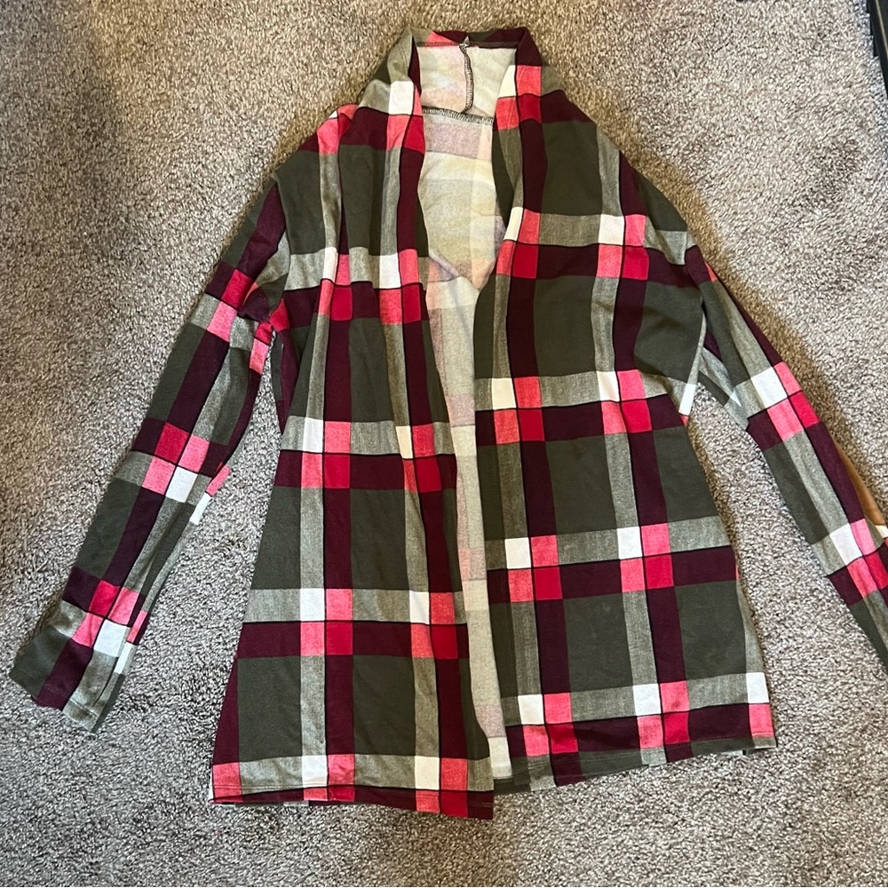 Plaid open-front shirt with elbow patches